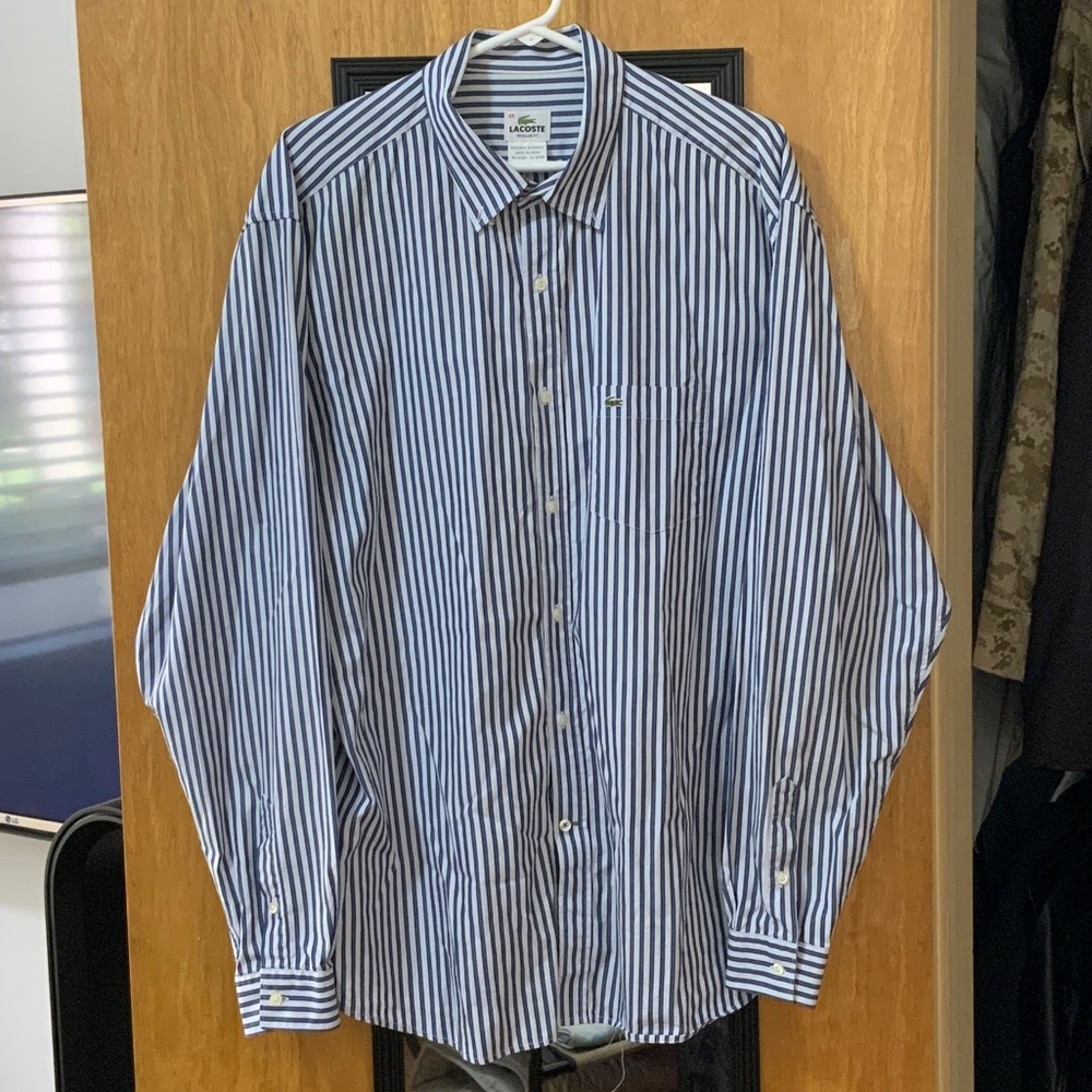 Lacoste Men's Blue and White Striped Shirt
